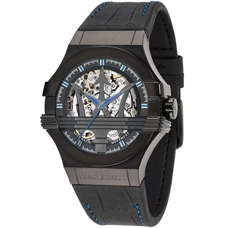 Maserati Men’s Automatic Black Leather Strap Black Skeleton Dial 42mm Watch R8821108009