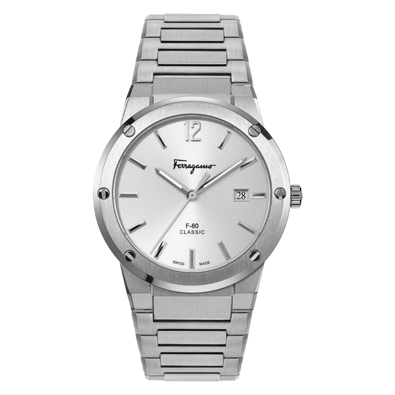 Ferragamo Men’s Swiss Made Quartz Silver Stainless Steel Silver Sunray Dial 41mm Watch SFDT02223