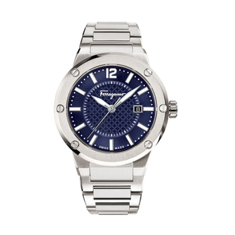 Ferragamo Men’s Swiss Made Quartz Silver Stainless Steel Blue Dial 44mm Watch SFHY02923