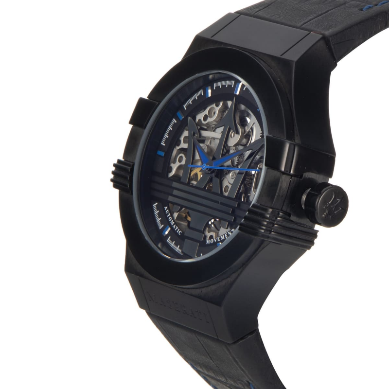 Maserati Men’s Automatic Black Leather Strap Black Skeleton Dial 42mm Watch R8821108009