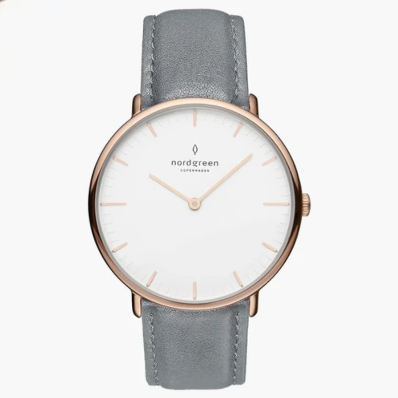 Nordgreen Unisex Quartz Grey Leather Strap White Dial 36mm Watch NR36RGLEGRXX