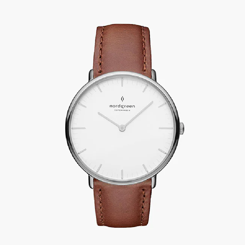 Nordgreen Unisex Quartz Brown Leather Strap White Dial 40mm Watch NR40SILEBRXX (Like New)