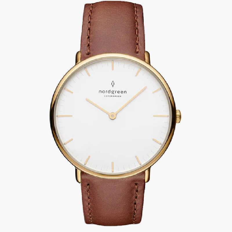 Nordgreen Unisex Quartz Brown Leather Strap White Dial 40mm Watch NR40GOLEBRXX