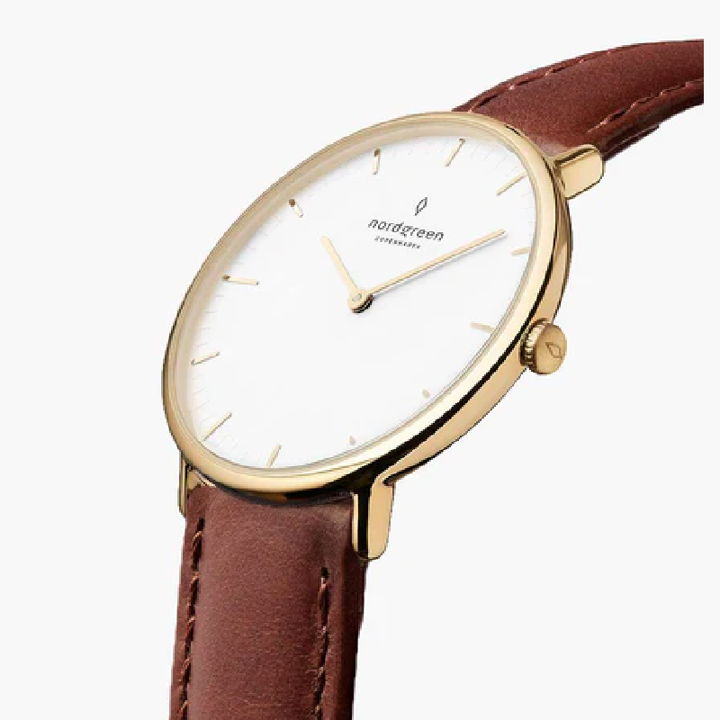 Nordgreen Unisex Quartz Brown Leather Strap White Dial 40mm Watch NR40GOLEBRXX (Like New) - Image 2