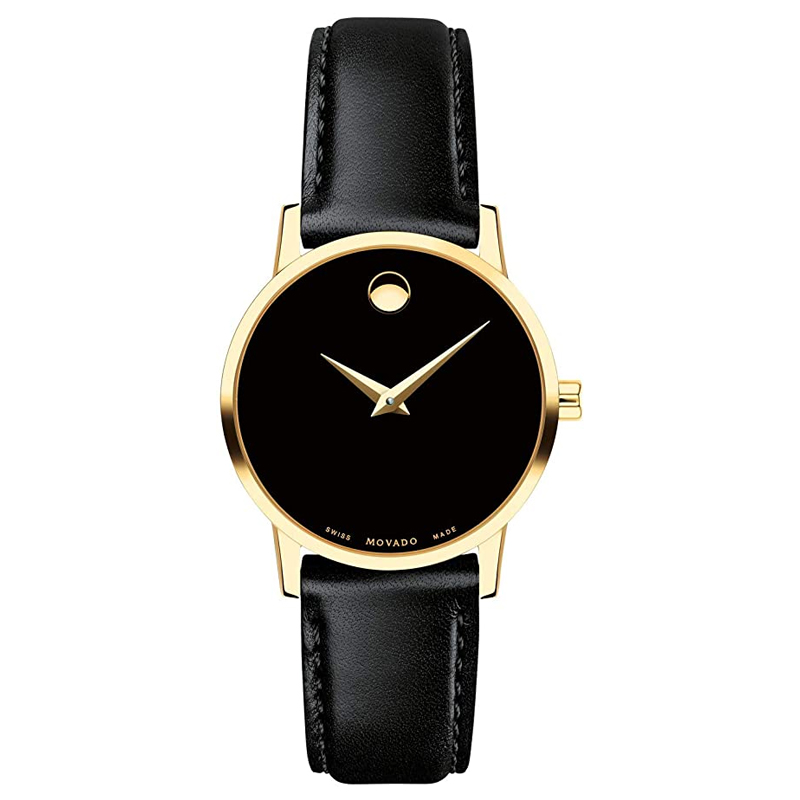 Movado Women’s Swiss Made Quartz Black Leather Strap Black Dial 28mm Watch 0607319 (Like New)