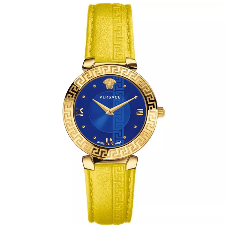 Versace Women’s Quartz Swiss Made Yellow Leather Strap Blue Dial 35mm Watch V16090017 (Without Tag)