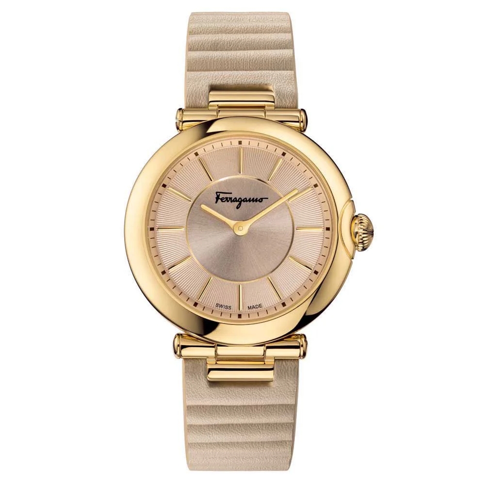 Ferragamo Women's Swiss Made Quartz Beige Leather Strap Beige Dial 36mm Watch FIN020015 (Without Tag)