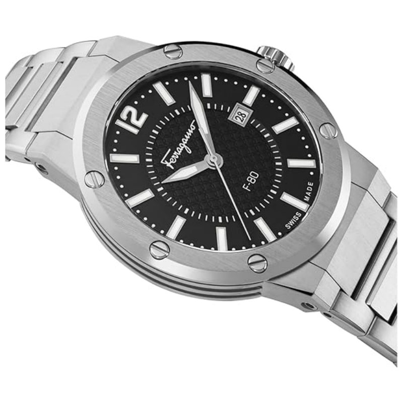 Ferragamo Men’s Swiss Made Quartz Silver Stainless Steel Black Dial 44mm Watch SFHY00521 (Like New)