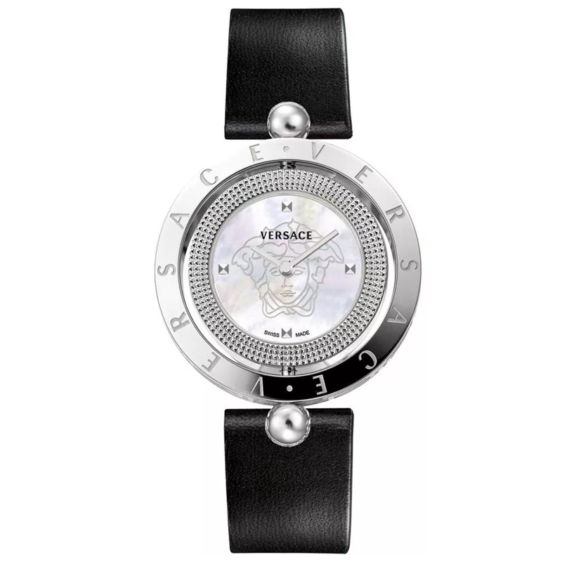 Versace Women Quartz Swiss Made Black Leather Strap Mother Of Pearl Dial 35mm Watch V79080017 (Without Tag)