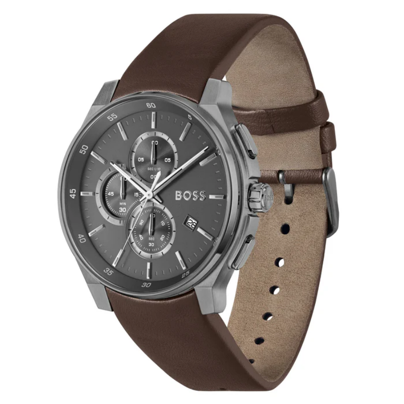 Hugo Boss Men’s Chronograph Quartz Brown Leather Strap Grey Dial 44mm Watch 1514187