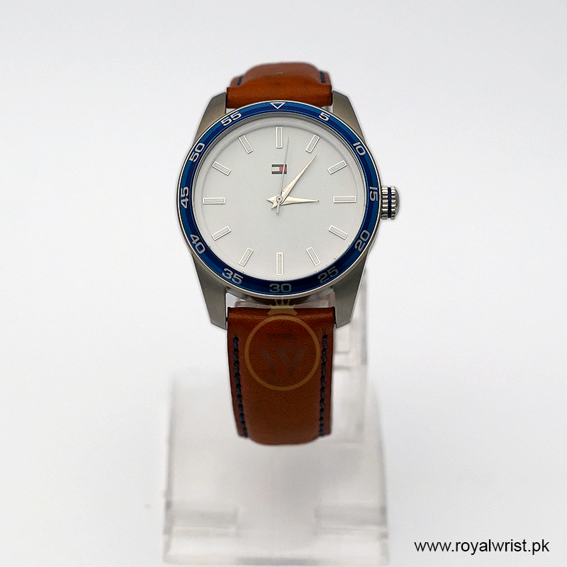 Tommy Hilfiger Men’s Quartz Brown Leather Strap White Dial 42mm Watch 1790928/3 Like New