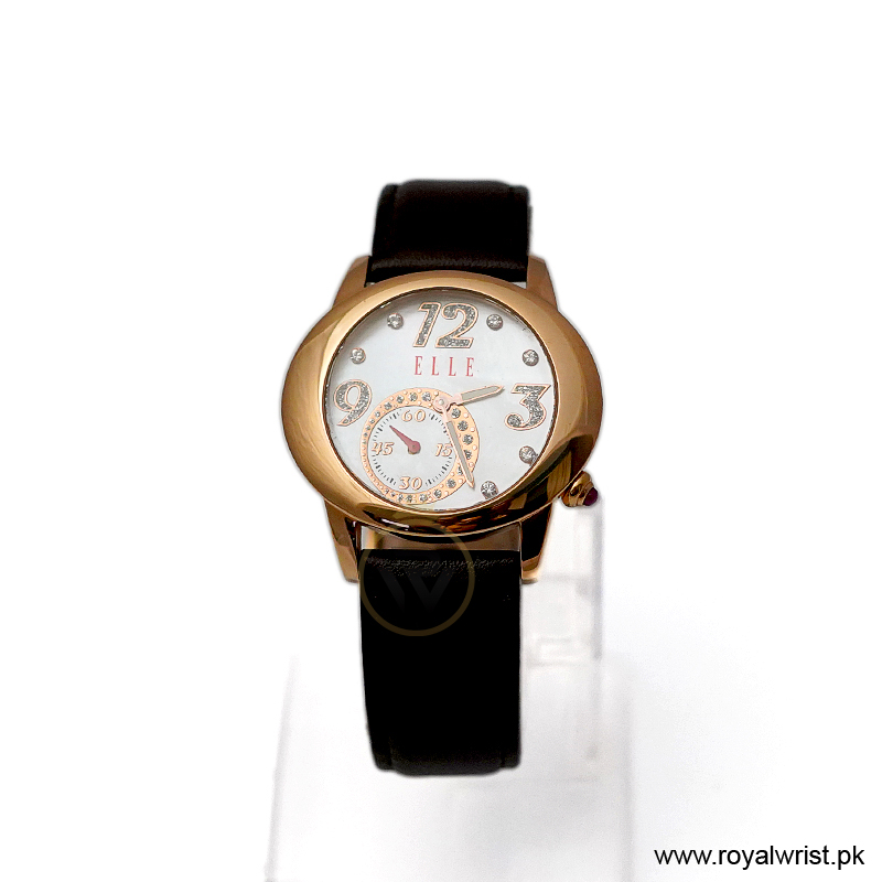 Elle Women’s Quartz Dark Brown Leather Strap Mother Of Pearl Dial 40mm Watch EL20049S03N (Like New)