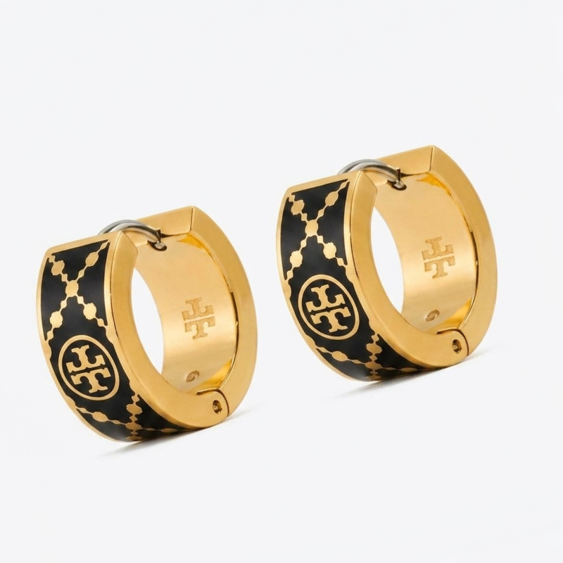 Tory Burch Women’s T Monogram Huggie Earrings Gold & Black Enamel Logo Hoop Earrings TB6598-3 - Image 2