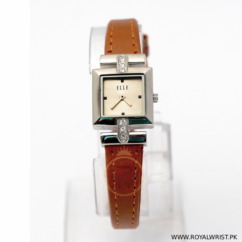 Elle Women’s Quartz Camel Brown Leather Strap Silver Sunray Dial 22mm Watch EL20021S05C-RW (Like New)