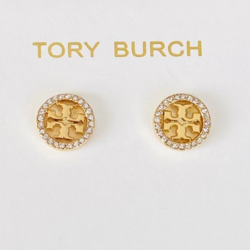 Tory Burch Women’s Circle Pavé Double T Logo Stud Earrings Gold Tone TB6356