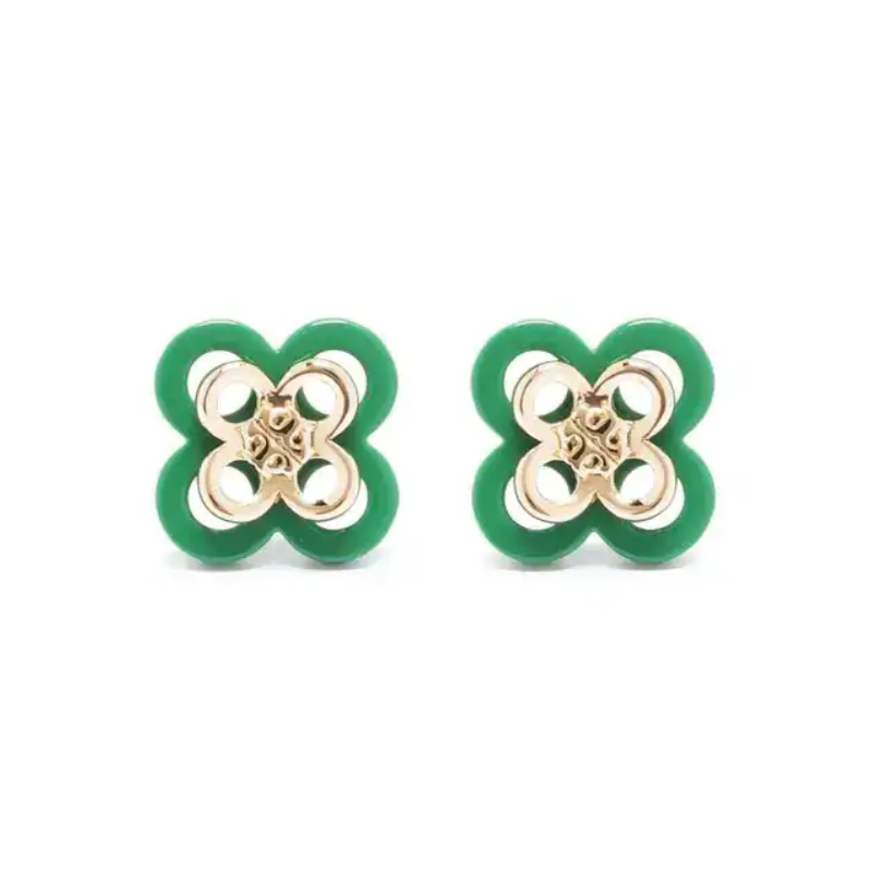 Tory Burch Women’s Kira Clover Stud Earrings Green Gold Tone TB2646