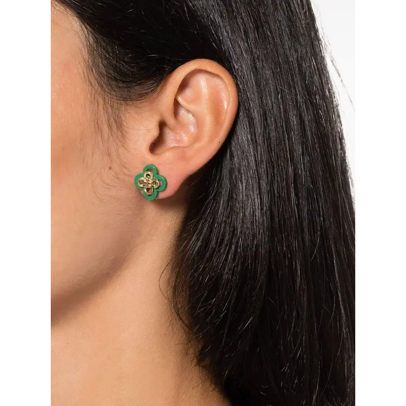 Tory Burch Women’s Kira Clover Stud Earrings Green Gold Tone TB2646 - Image 3