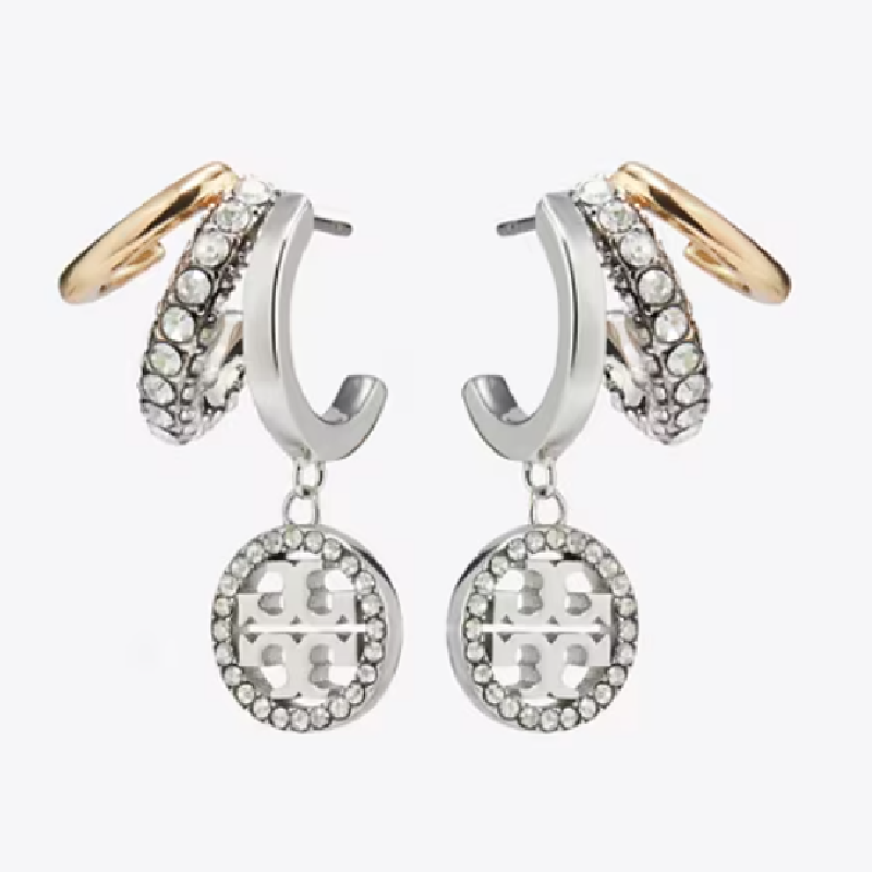 Tory Burch Women’s Icon Pavé Triple Hoop Earrings – Gold Tone Silver Crystal Layered Hoop Design (Style 171660)