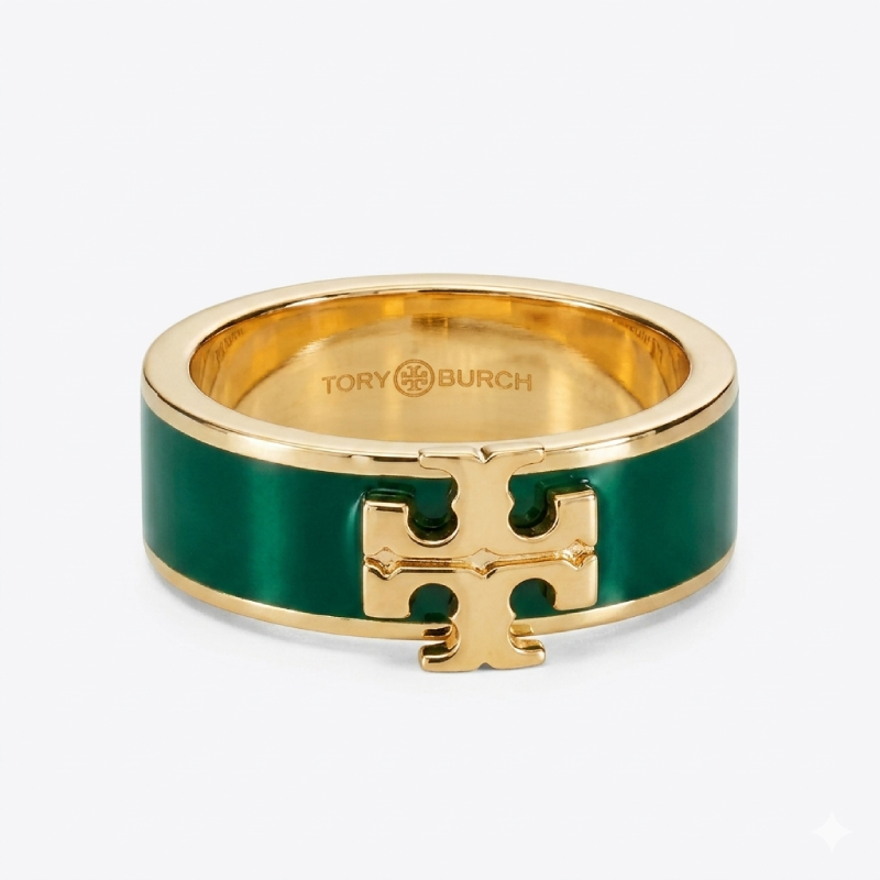 Tory Burch Women's Kira Logo Gold Tone Green Enamel Ring Size 18.86mm TB9887