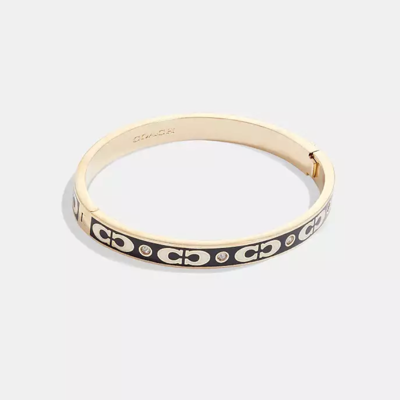 Coach Women’s Repeated C Hinged Bangle Gold Tone Black Enamel Logo Bracelet CFG20