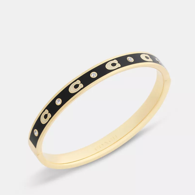 Coach Women’s Repeated C Hinged Bangle Gold Tone Black Enamel Logo Bracelet CFG20 - Image 2