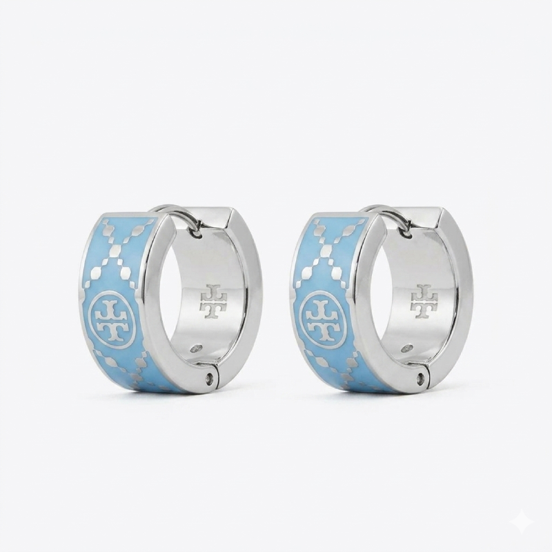 Tory Burch Women’s T Monogram Huggie Earrings Silver & Sky Blue Enamel Logo Hoop Earrings TB6598-2