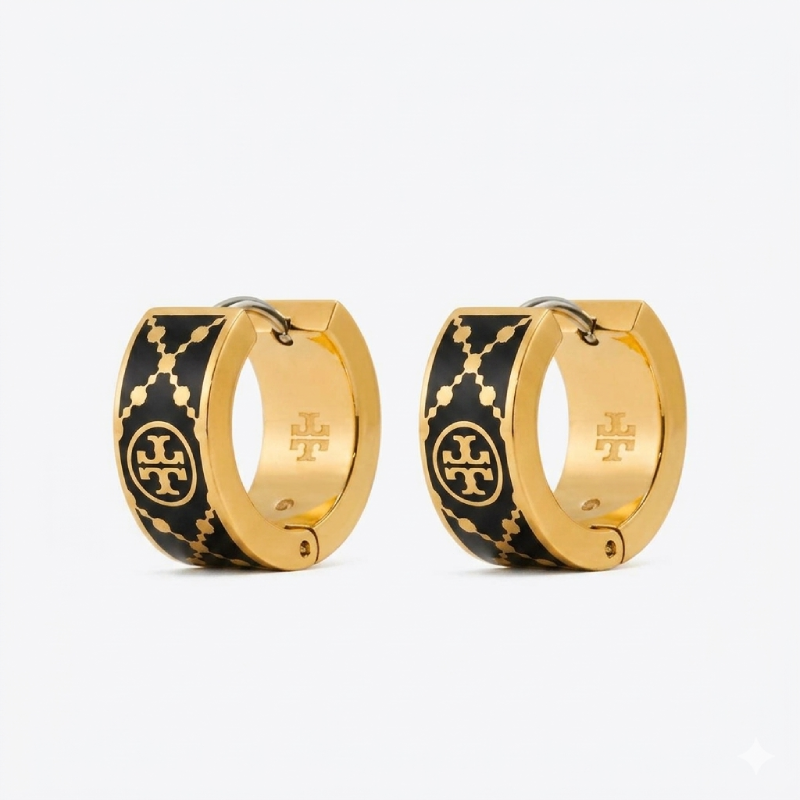 Tory Burch Women’s T Monogram Huggie Earrings Gold & Black Enamel Logo Hoop Earrings TB6598-3