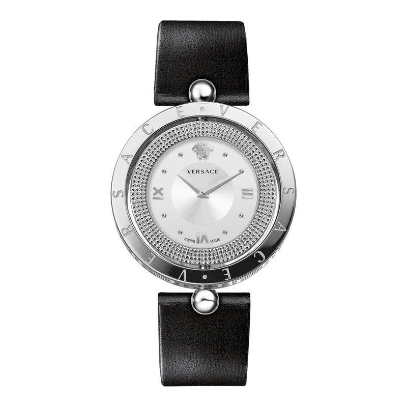Versace Women’s Quartz Swiss Made Black Leather Strap Silver Sunray Dial 34mm Watch VE7901023 (Like New)