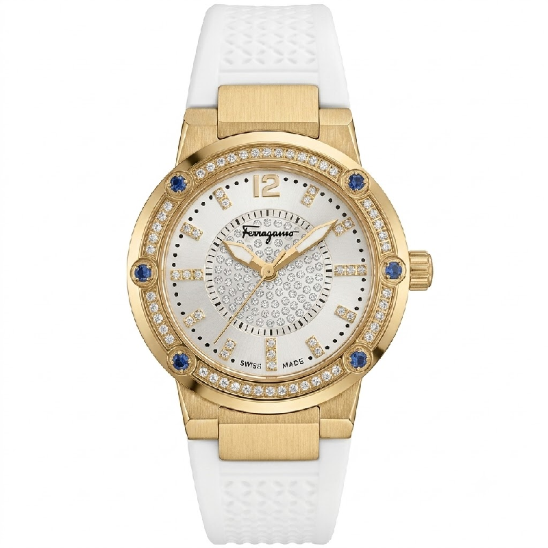 Ferragamo Women's Swiss Made Quartz White Silicone Strap Silver Pave Dial 33mm Watch FIG110015 (Like New)