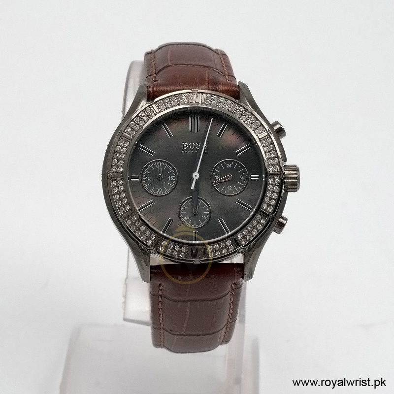 Hugo Boss Women’s Quartz Brown Leather Strap Black Mother Of Pearl Dial 38mm Watch 1502342/2 (Like New)
