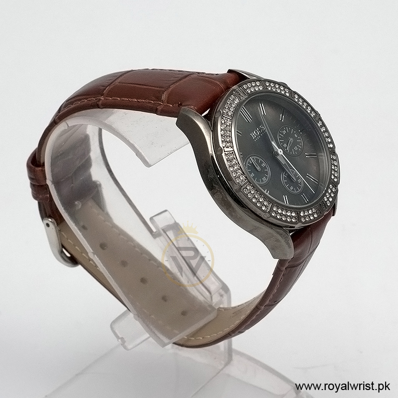Hugo Boss Women’s Quartz Brown Leather Strap Black Mother Of Pearl Dial 38mm Watch 1502342/2 (Like New) - Image 2