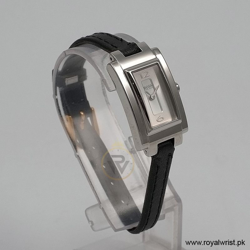 Hugo Boss Women’s Quartz Black Leather Strap Silver Sunray Dial 18mm Watch 1502095 (Like New)