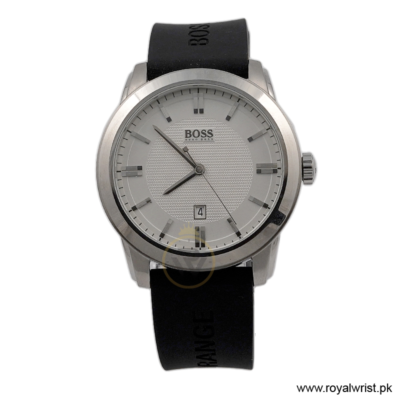 Hugo Boss Men's Principle Quartz Black Silicone Strap Silver Dial 41mm Watch 1514114/1 (Like New)