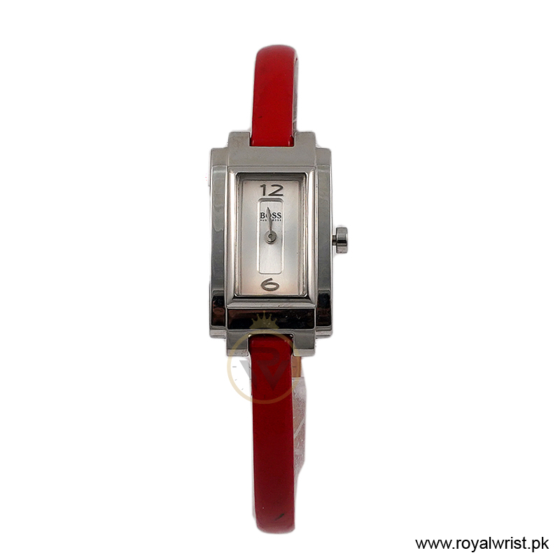 Hugo Boss Women’s Quartz Red Leather Strap Silver Sunray Dial 18mm Watch 1502095/1 (Like New)