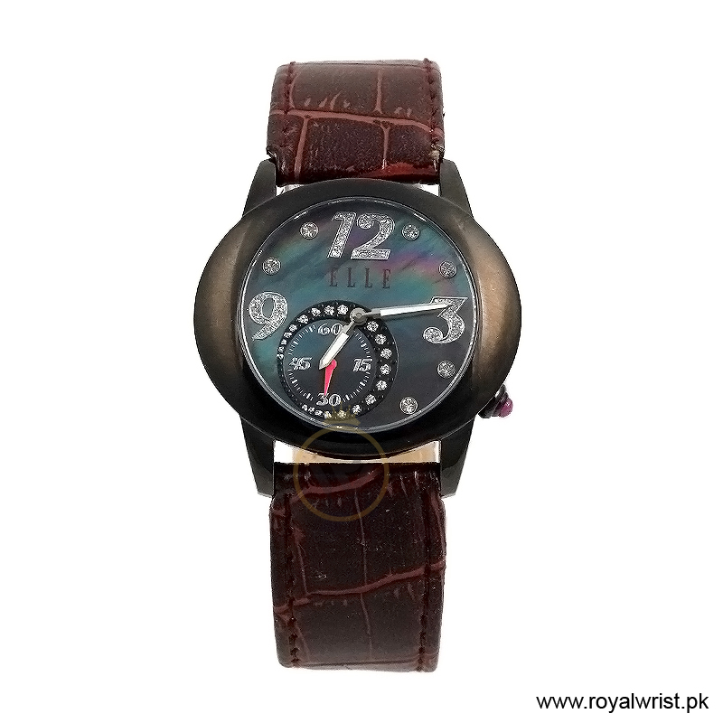 Elle Women’s Quartz Brown Leather Strap Black Mother Of Pearl Dial 40mm Watch EL20049S05N/1 (Like New)