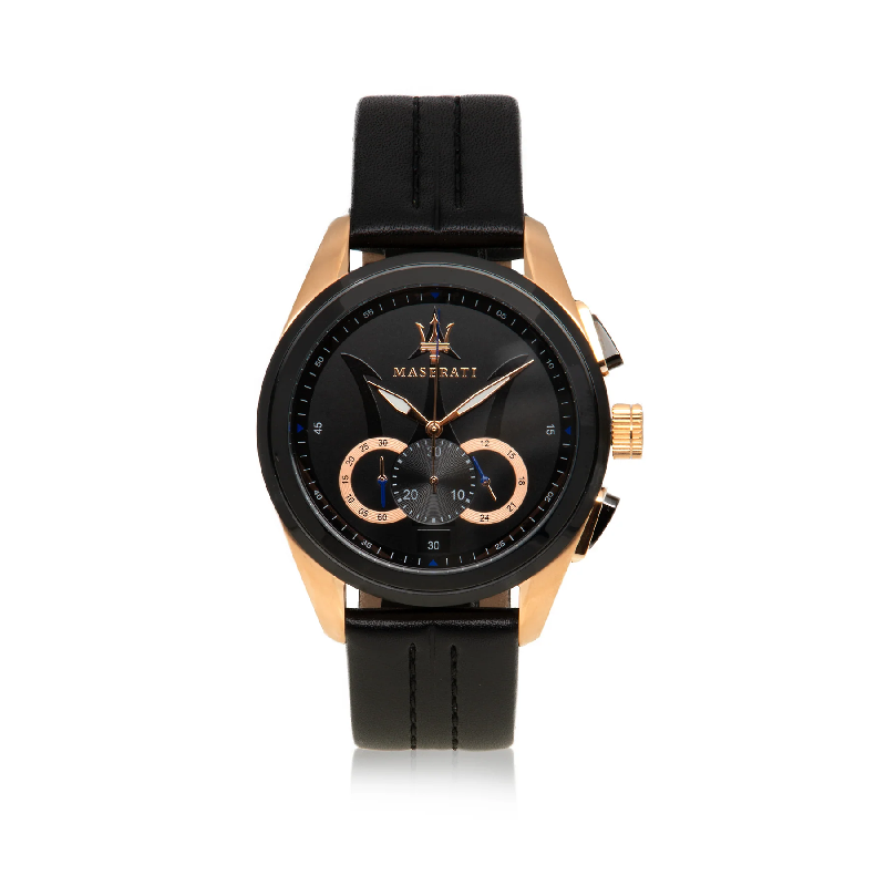 Maserati Men’s Chronograph Quartz Black Leather Strap Black Dial 45mm Watch R8871612025
