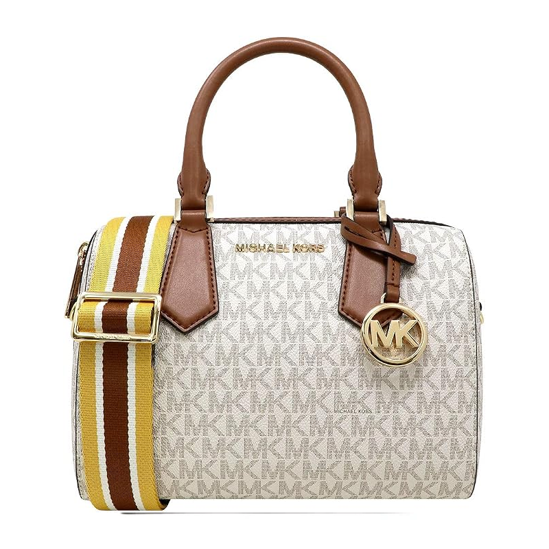 Michael Kors Small Hayes Duffle Crossbody Bag In Signature Coated Canvas For Women's – Vanilla/Acorn (Size: W:9.5" H:6.5" D:3") B07TPBGL7X