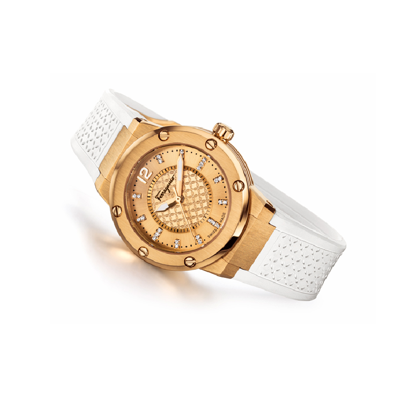 Ferragamo Women's Swiss Made Quartz White Silicone Strap Gold Dial 33mm Watch FIG070015 (Like New) - Image 2