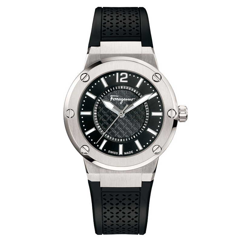 Salvatore Ferragamo F-80 Women’s Quartz Swiss Made Black Silicone Strap Black Dial 33mm Watch FIG020015 (Like New)