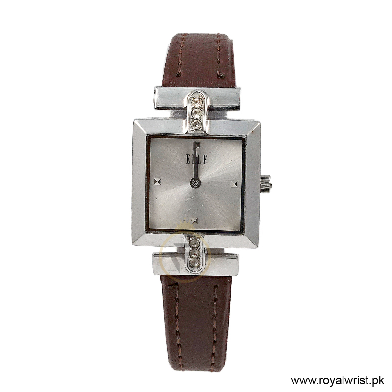 Elle Women’s Quartz Dark Brown Leather Strap Silver Sunray Dial 25mm Watch EL20021S02C/1 (Like New)