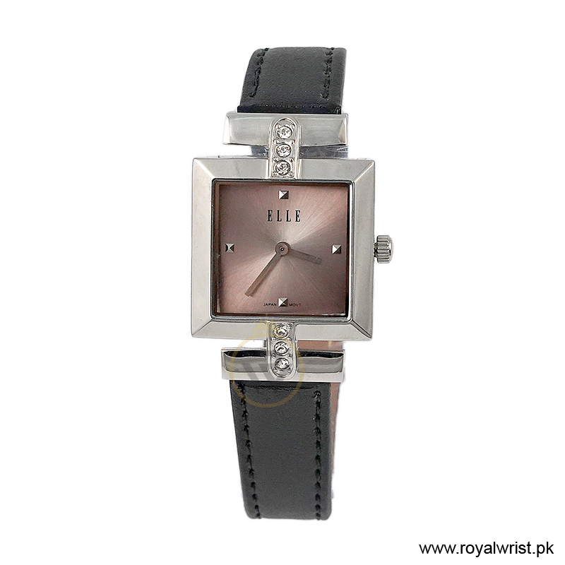 Elle Women’s Quartz Black Leather Strap Pink Dial 25mm Watch EL20028S05C/3 (Like New)