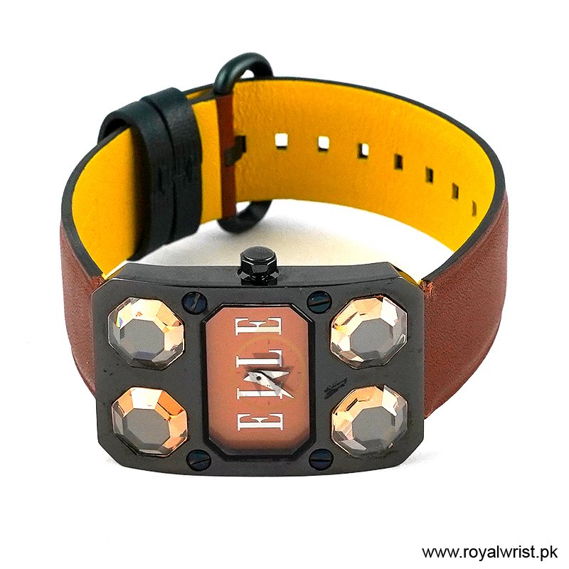 Elle Women’s Quartz Brown Leather Strap Peach Dial 28mm Watch EL20072S03C/1 (Like New) - Image 3
