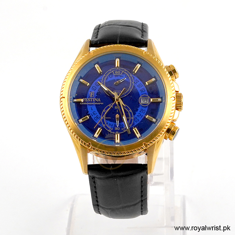 Festina Men’s Quartz Black Leather Strap Blue Dial 43mm Watch F20418 (Like New)
