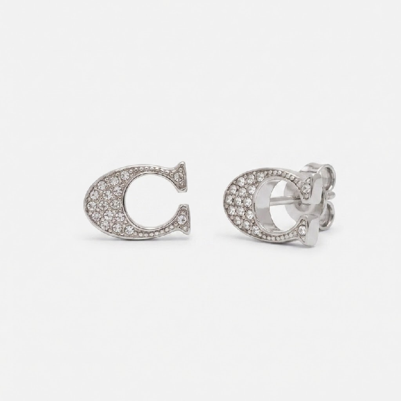 Coach Women’s Signature “C” Rhinestone Plated Brass Stud Silver Earrings F29824/2