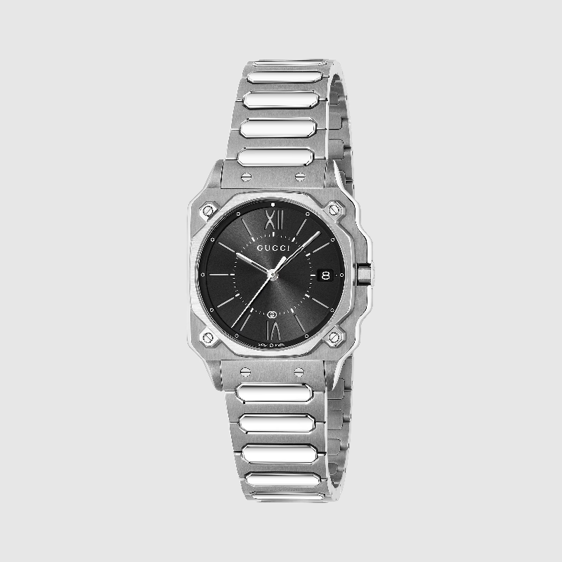 Gucci Women’s Swiss Made Quartz Silver Stainless Steel Black Dial 30mm Watch YA166505