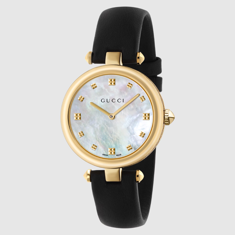 Gucci Women’s Quartz Swiss Made Black Leather Strap White Mother Of Pearl Dial 32mm Watch YA141404