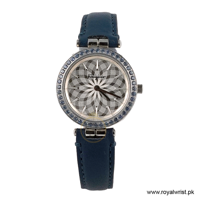 Ferragamo Women’s Quartz Swiss Made Blue Leather Strap Silver Dial 31mm Watch FIB010015 (Like New)
