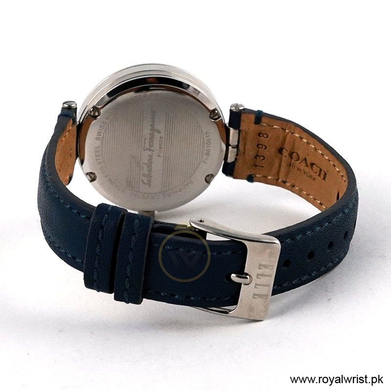 Ferragamo Women’s Quartz Swiss Made Blue Leather Strap Silver Dial 31mm Watch FIB010015 (Like New) - Image 4