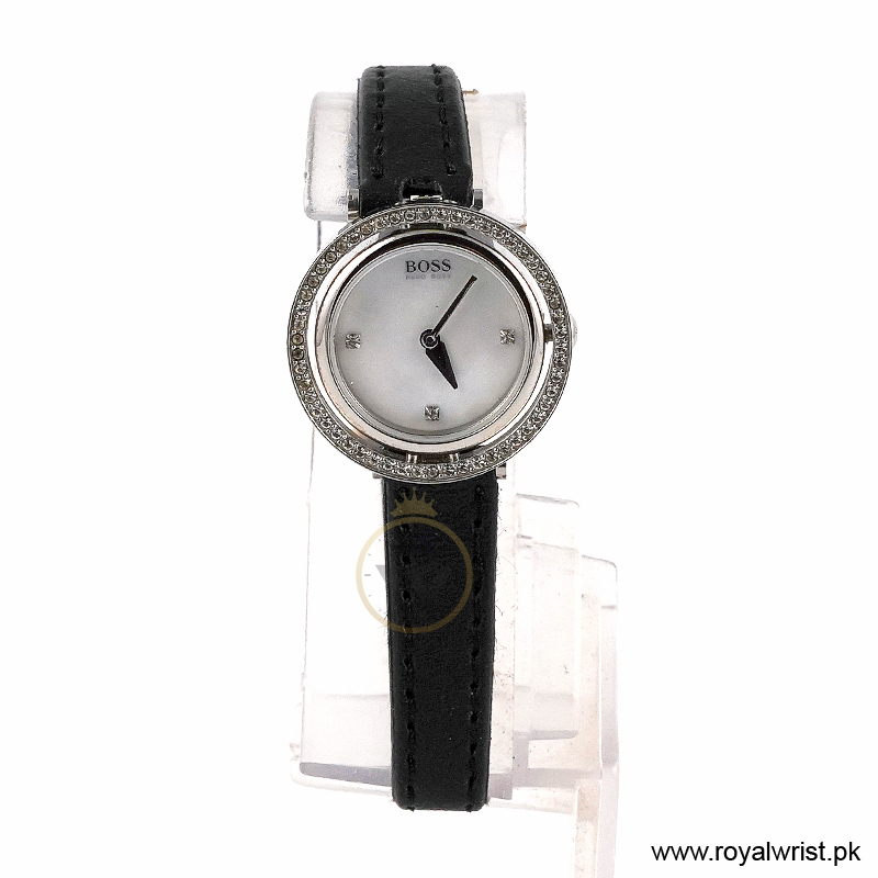 Hugo Boss Women’s Quartz Black Leather Strap Mother Of Pearl Dial 20mm Watch 1502278/2 (Like New)
