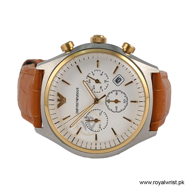 Emporio Armani Men’s Chronograph Quartz Brown Leather Strap White Dial 44mm Watch AR11033 (Like New) - Image 3